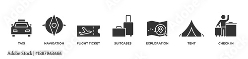 Seamless Travel Experience Icons set vector illustration glyph with Taxi, Navigation, Flight ticket, Suitcases, Exploration, Tent, Check in