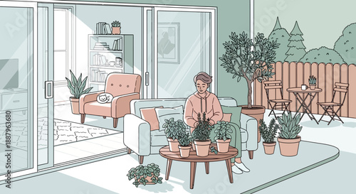 A person tending to a collection of potted plants on a patio next to a living room with a cat sleeping on a chair.
