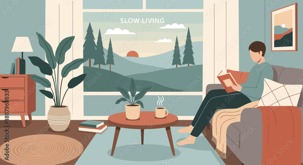 Fototapeta premium A cozy living room with an armchair, coffee table, and a large window overlooking a peaceful natural landscape with hills and a river, embodying slow living.