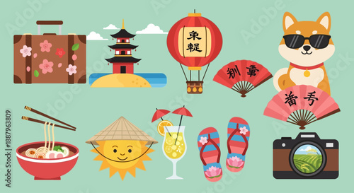 A vibrant collection of travel and cultural icons, including a suitcase, pagoda, hot air balloon, fans, a Shiba Inu, ramen, a sun, a cocktail, flip-flops, and a camera.
