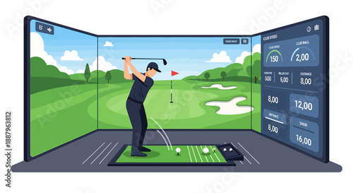 A man practicing golf indoors using a high-tech simulator with multiple screens displaying a virtual course and performance data.