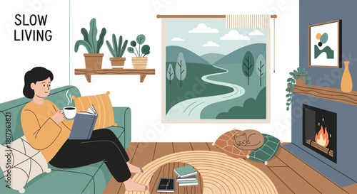 A person relaxing on a sofa, reading a book, with a cup of coffee in a cozy living room with a fireplace and a scenic window view, embodying slow living.