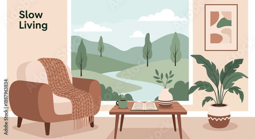 A cozy living room with an armchair, coffee table, and a large window overlooking a peaceful natural landscape with hills and a river, embodying slow living.