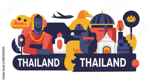 Collection of Thai culture and travel stickers featuring a tuk-tuk, longtail boat, elephant, traditional food, lotus flower, dancers, and a Muay Thai boxer.
