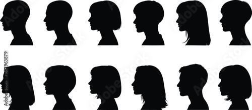 Female head profile silhouette collection with diverse hairstyles, side view women faces isolated on white background for beauty and design vector