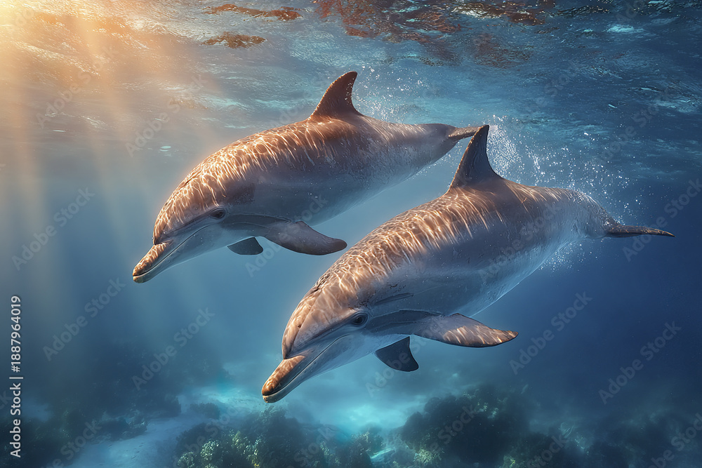 Obraz premium Underwater dolphins traveling side by side in gentle motion with sunlight rays illuminating ocean, creating peaceful and natural marine scene