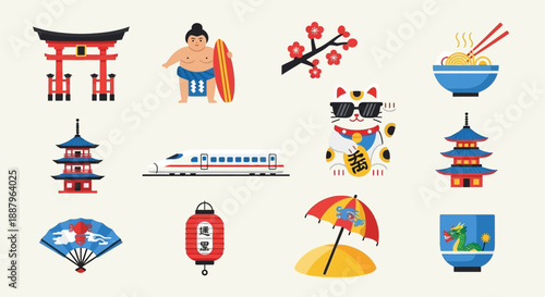 A collection of various Japanese cultural and travel icons, including a torii gate, sumo wrestler, cherry blossoms, ramen, pagodas, bullet train, lucky cat, fan, lantern, and a beach umbrella.