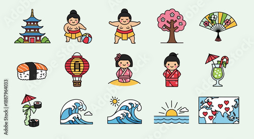 A collection of colorful Japanese culture and travel icons including sumo wrestlers, sushi, pagodas, cherry blossoms, and traditional figures.