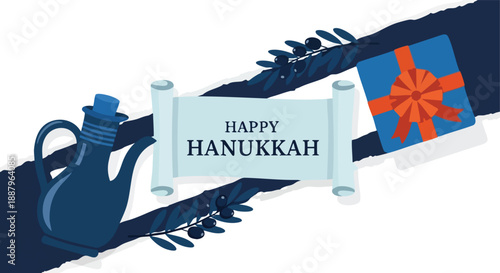 Joyful Hanukkah Celebration Elements Featuring a Menorah and Gift on a Festive Background