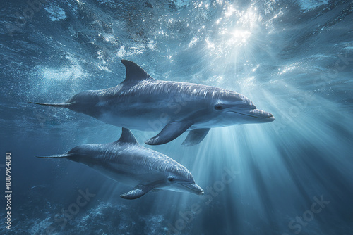 Two dolphins swim gracefully underwater with sunlight rays piercing through ocean surface, creating serene and peaceful marine scene full of natural beauty and calm