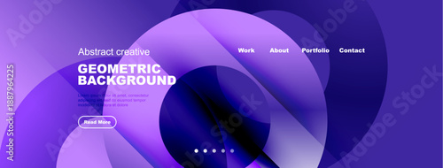 Abstract purple design features geometric shapes, text elements, navigation menu. Modern aesthetic suitable for website header.
