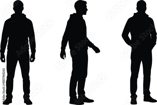 Male human silhouette collection showing standing and walking poses, front side and back views, anonymous figure isolated on white background vector