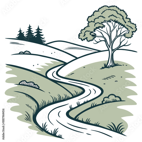 Flat vector design of a blue stylized river flowing between green rolling hills in a simple and clean nature landscape
