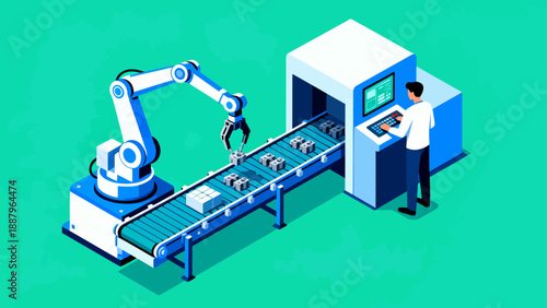 Robot arm on conveyor belt with operator