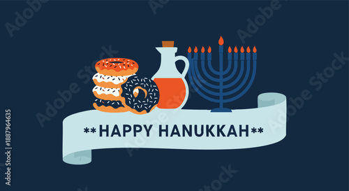 Animated Hanukkah celebration featuring donuts, oil, and a menorah on a festive banner against a dark blue backdrop perfect for holiday greetings