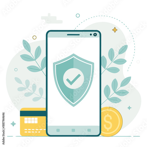 Cuadro en lienzo Secure online transaction on mobile device with shield icon, credit card, and cu