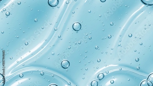 Abstract light blue gel texture with small and large translucent bubbles and smooth wavy patterns, representing liquid science or skincare