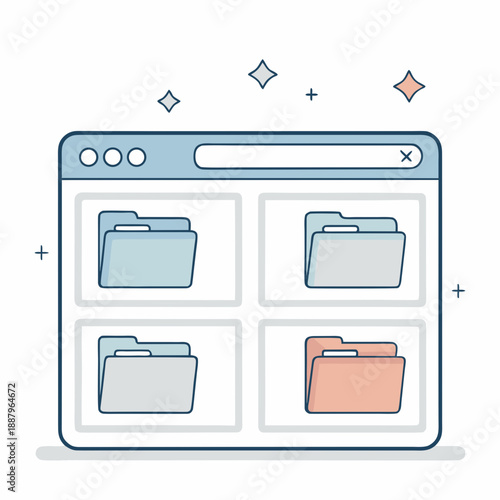 Create a minimalist vector illustration of a file manager interface with folders and search functionality on a digital device screen