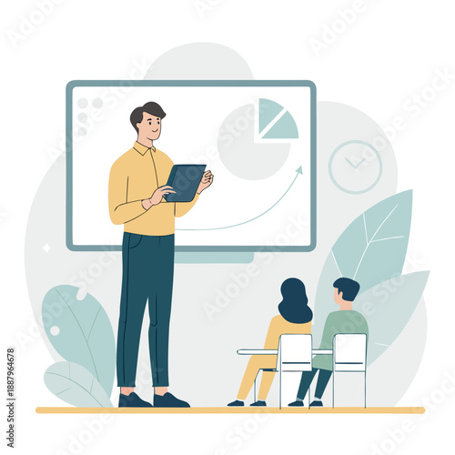 A man presenting a business graph on a screen to two seated colleagues in a minimalist office environment from a slightly elevated viewpoint