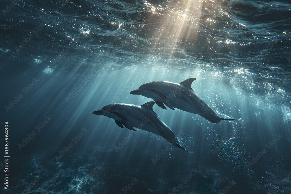 Naklejka premium Underwater scene of two dolphins swimming together in deep blue ocean with sunlight rays creating peaceful and serene atmosphere