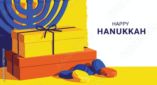 Vibrant Hanukkah celebration with gifts and menorah illustration