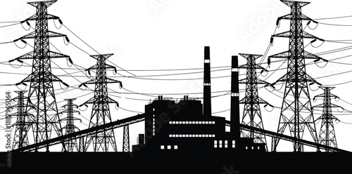 Power plant and high voltage transmission towers silhouette illustration, industrial energy infrastructure with electricity lines isolated on white background vector