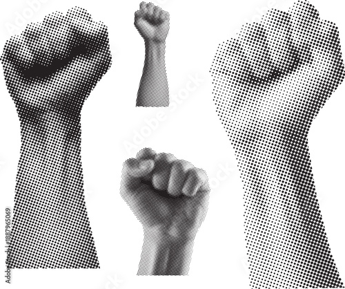 Raised fists of varying sizes in halftone dot effect, symbolizing power and solidarity.