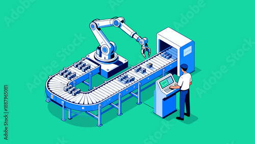 Robot arm on conveyor belt with operator