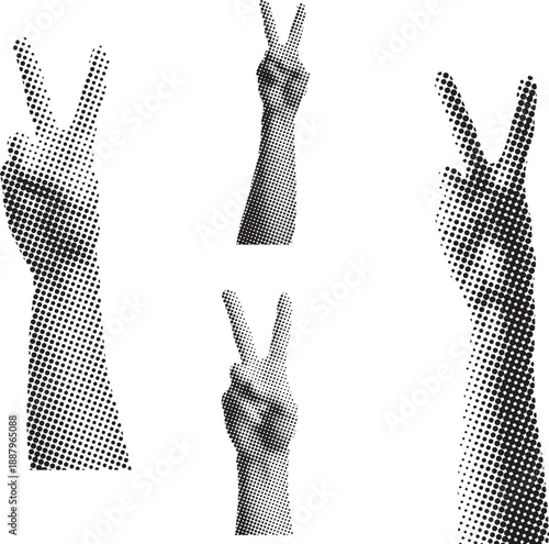 Victory hand gestures in halftone dot style, representing peace and success.