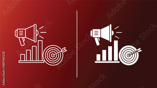Business targets and marketing strategy icons on red background megaphone and bullseye symbols for advertising and growth