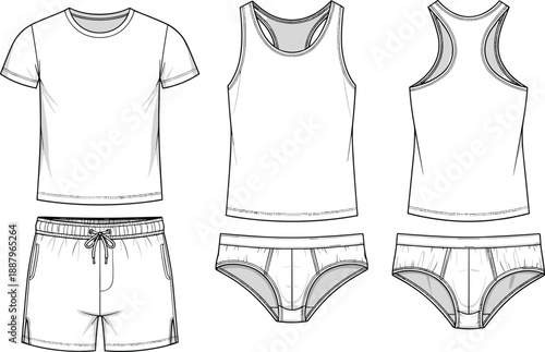 Men’s underwear and loungewear set technical fashion illustration with t shirt, tank top, briefs and shorts flat sketch views