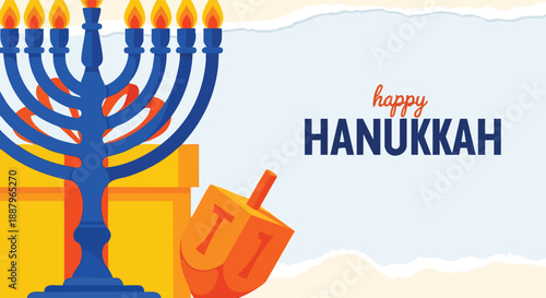 A traditional Hanukkah celebration with a blue menorah and dreidel set against a light blue backdrop with yellow gift boxes and text