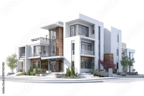 Modern townhouse architecture with white exterior and wooden accents, featuring large windows, balconies, and landscaped greenery, creating stylish multi unit residential building