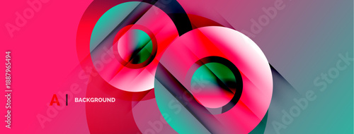 Abstract design features overlapping colorful circles, gradients. Pink, teal, black hues create dynamic visual effect. Modern, stylish background.