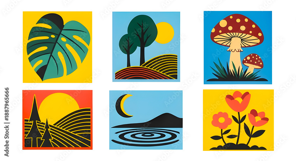 Fototapeta premium Minimalist Nature Icon Set with Mountains, Forest, Flowers, and Mushrooms in Flat Vector Style