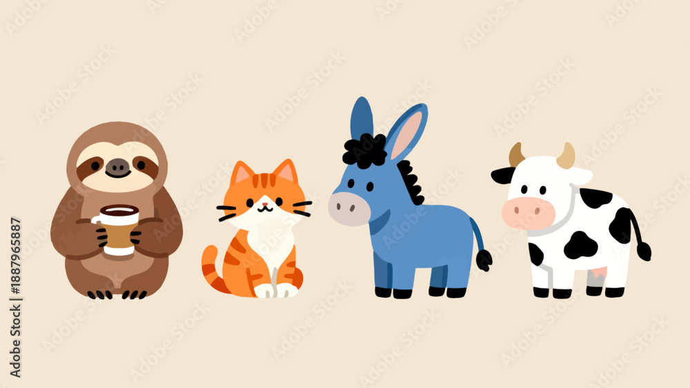 Fototapeta premium Cute cartoon animals with coffee cup