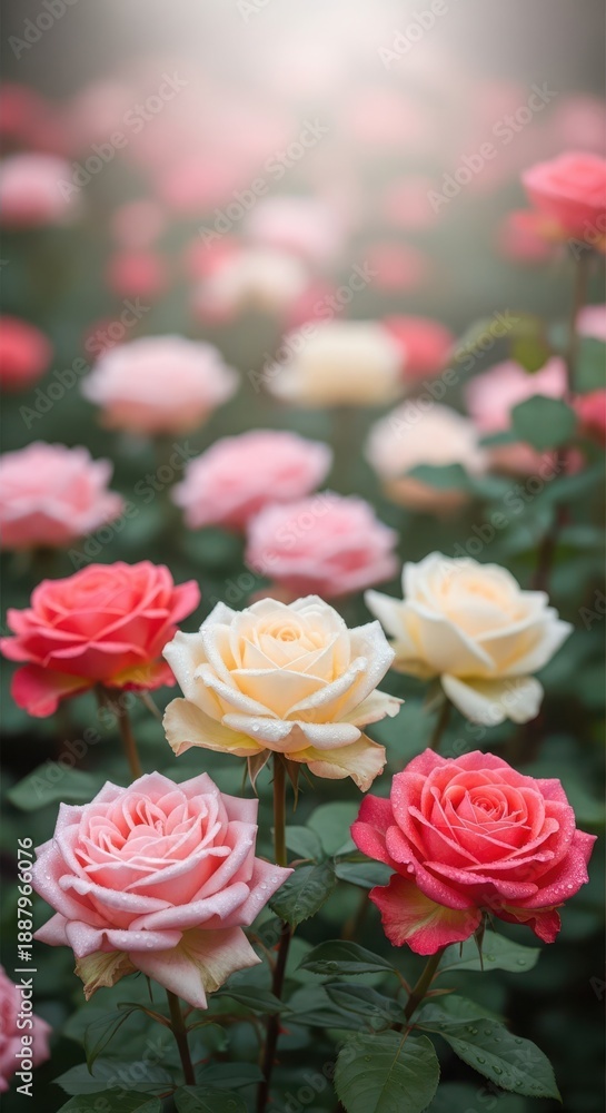 Fototapeta premium A beautiful garden filled with vibrant roses in various shades of pink and white