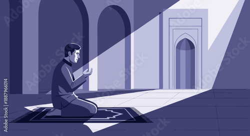Man Praying on Prayer Mat in Mosque with Sunlight Rays A Vector Illustration