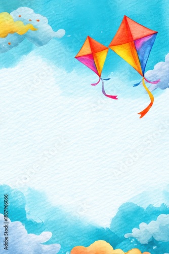 watercolor kites in the sky, a colorful spring background for a kids' birthday party invitation