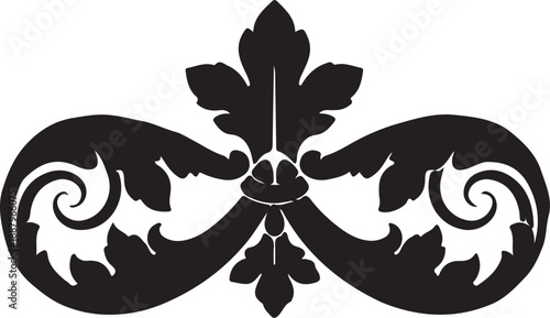 Black fleur de lis with curved lines and swirls ornamental