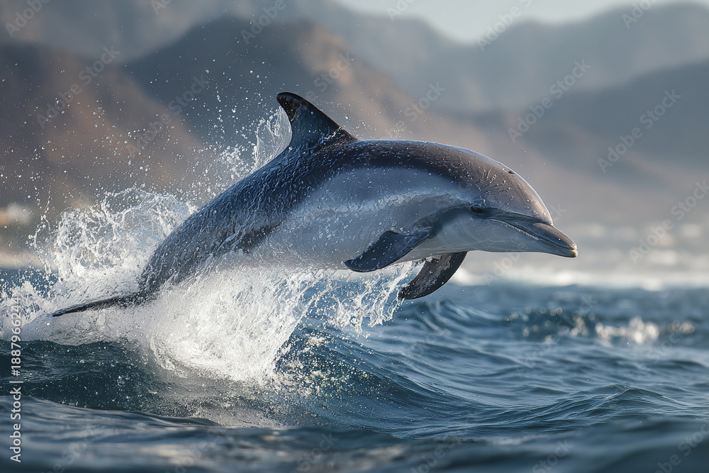 Obraz premium Wild dolphin jumping out of sea with dramatic mid air pose, splashing water and ocean waves, mountains in background under natural light