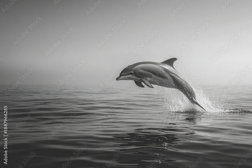 Obraz premium Dolphin jumping ocean water splash marine life wildlife nature black and white image with calm sea and horizon