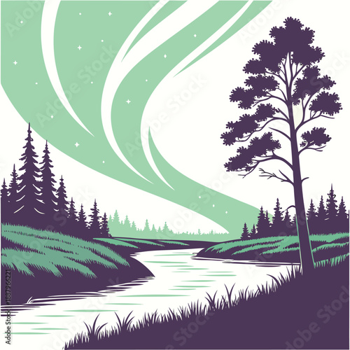 Flat vector design of the green aurora borealis shining over a quiet blue river with water reflections and a starry night sky
