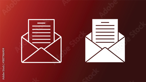 Two envelopes with documents one outlined and one filled on a gradient red background symbolizing communication and correspondence
