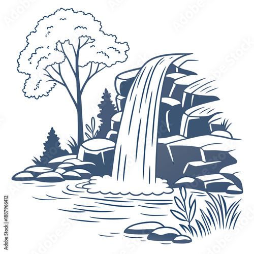 Flat vector illustration of a white waterfall cascading into a clear blue water pool with ripples and simple nature elements