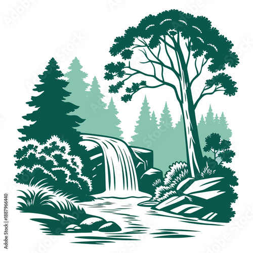 Flat vector design of a beautiful waterfall hidden in a lush green forest with trees and plants surrounding the cascading water