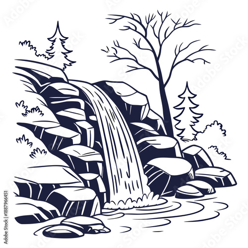 Flat vector illustration of a powerful waterfall flowing down between steep rocky cliffs in a deep mountain gorge