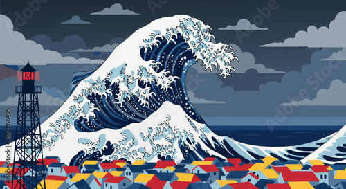 Vector illustration of a colossal wave engulfing a coastal town with a lighthouse, abstract style