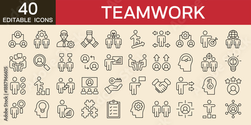Teamwork icons set , vector illustration with icons of business teamwork, human resources, meeting, partnership, meeting, work group, success, editable stroke icon set 