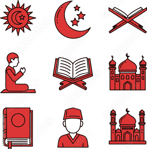 Red of muslim symbols and people islamic mosque prayer book